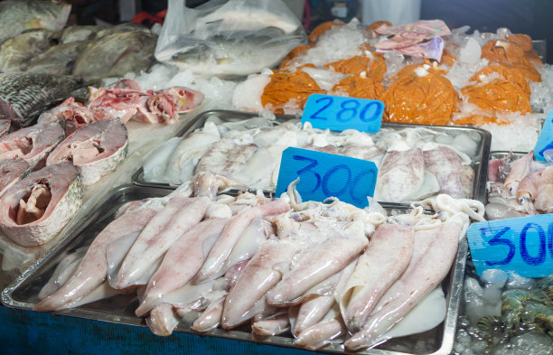 大鲜鱿鱼，鱼排和其他海鲜在泰国市场图片下载