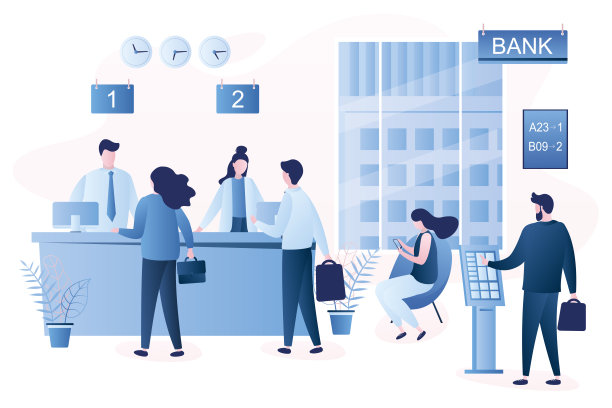 现代银行办公室内。商务人士排队等候。图片下载