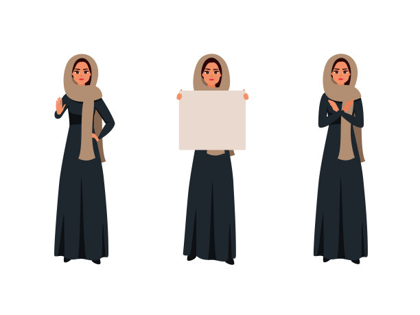 做出抵制手势的阿拉伯妇女。穿着黑色罩袍的沙特女孩拿着空白标牌。图片下载