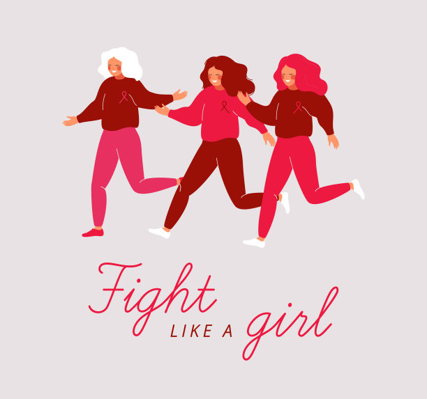 年轻女性穿着粉红色的衣服跑步，还带着警示乳腺癌的丝带。图片下载