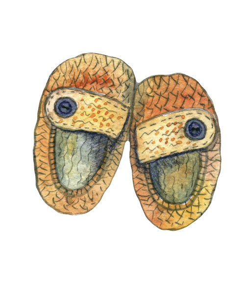 孩子的水彩。白色背景上的黄色针织婴儿靴图片下载