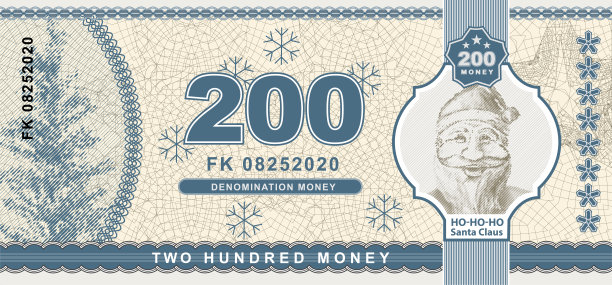 圣诞矢量钱钞票插图与圣诞老人的肖像。国家的货币。钞票背面。假钱。二百的钱图片下载