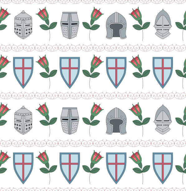 无缝图案与中世纪头盔，盾牌和玫瑰图片下载