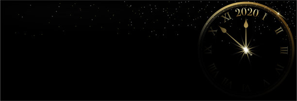 2020年新年快乐横幅黑色背景和闪耀的米粉与金色时钟，矢量插图图片下载