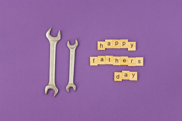 大大小小的两把扳手，写上父亲节快乐。图片下载