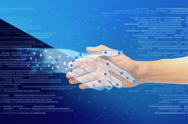 对人工智能或人工智能概念说声你好，人类与计算机握手人工智能图形手与二进制数字图片下载