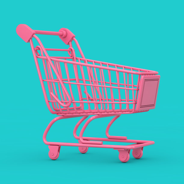 粉色购物车手推车模拟双色调。3d渲染图片下载