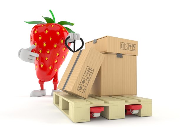 草莓性格与手动托盘卡车与纸板箱图片下载