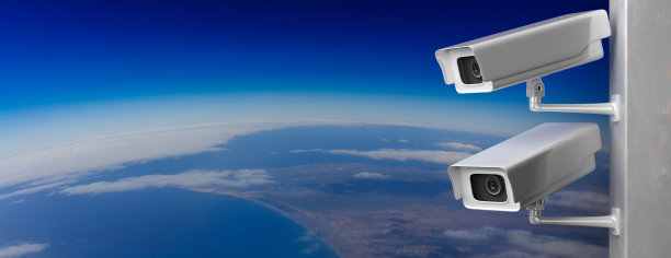 监控摄像头，闭路电视系统地球曲率背景。三维演示图片下载