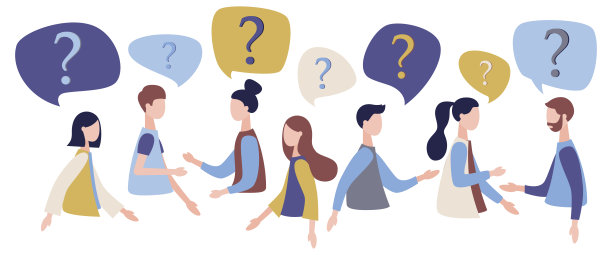 一群人在聊天。人们围绕着问号。问题回答的比喻。现代平面卡通风格。矢量图图片下载