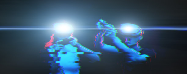 戴着虚拟现实耳机一起玩游戏。带有小故障效果的图像。图片下载