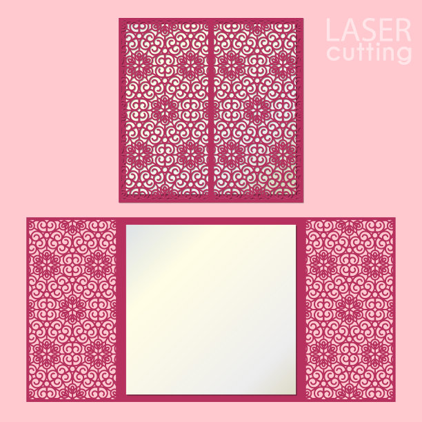 激光切割婚礼请帖模板矢量。纸卡模切花边图案。裁切纸门折叠卡，用于激光切割或模切。图片下载