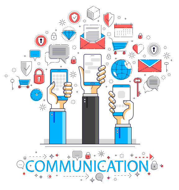 互联网交流和活动，人们手持手机和使用应用程序，全球网络，现代通信，信使或社交媒体概念，矢量设计。图片下载