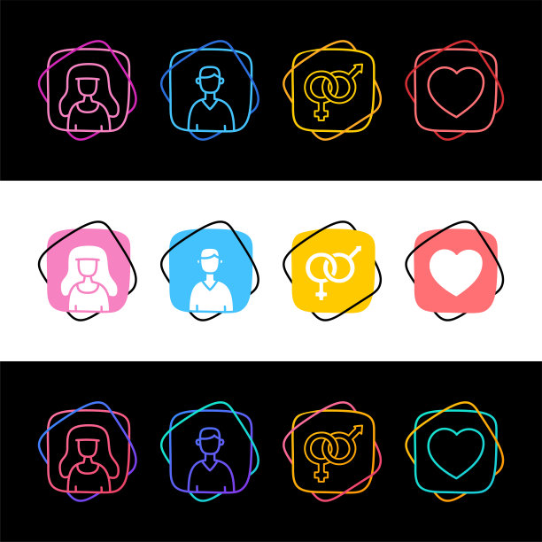一套性感化身男人和女人简单多彩的图标在三种风格。男女有情心图片下载