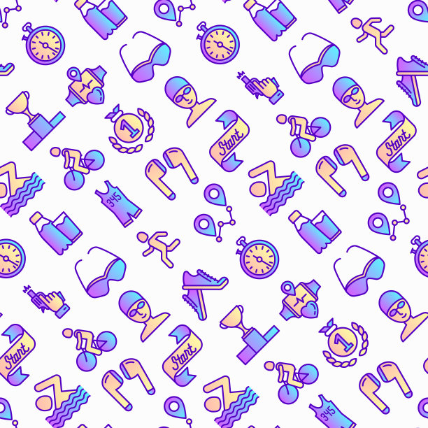 铁人三项无缝图案与细线图标:跑步者、游泳者、自行车赛、秒表、出发、枪、运动眼镜、出发、胜利、成功。现代向量插图。图片下载