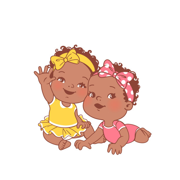 两个深色皮肤的女婴坐在白色的背景上。图片下载