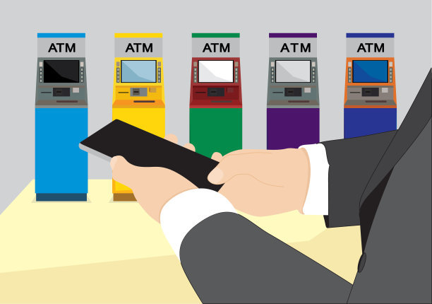 商人使用智能手机，有很多ATM后台。图片下载