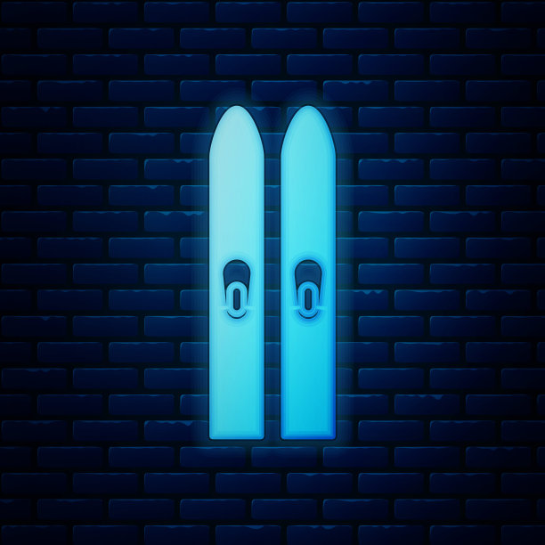 发光的霓虹灯滑雪和棍棒图标孤立在砖墙背景上。极限运动。滑雪设备。冬季运动图标。矢量图图片下载