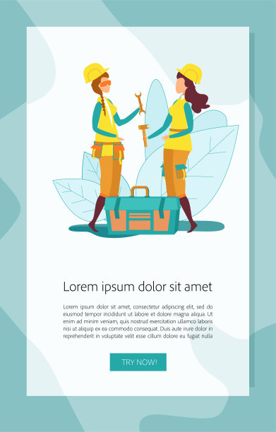 手持扳手和锤子旗帜的女孩建筑工人图片下载