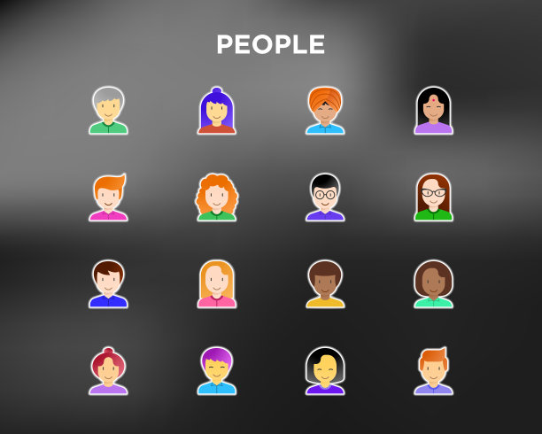 人平图标设置:微笑卡通男性和女性的头。不同种族和国籍的人的化身:高加索人，亚洲人，非洲人，印度人。现代向量插图。图片下载