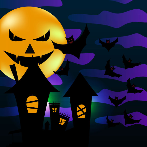流行的万圣节问候设计与令人毛骨悚然的城镇，蝙蝠，和月亮。闹鬼主题矢量插图eps 10。图片下载