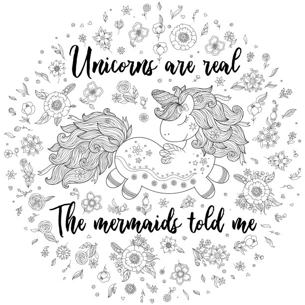 独角兽神奇的动物。黑色,白色。彩色书图片下载