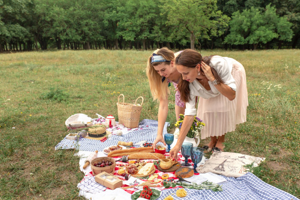 女孩们在方格野餐毯上摆放野餐食物图片下载