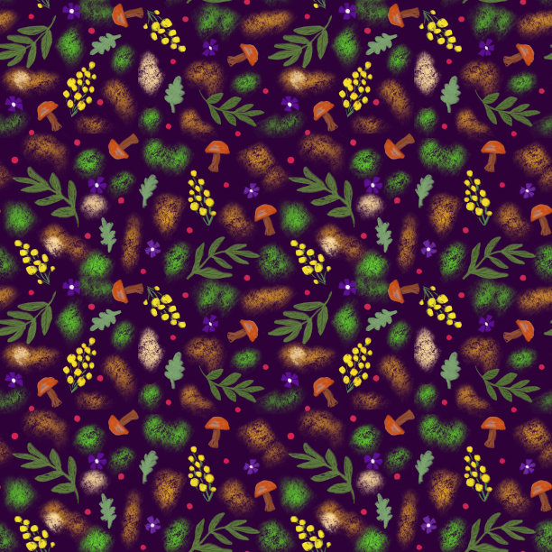 无缝秋季背景蘑菇，花和树枝。图片下载