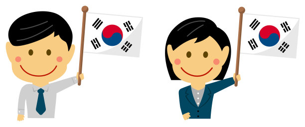 不同种族的卡通商人与国旗/韩国。平面矢量插图。图片下载