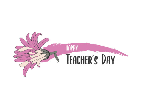 祝您教师节快乐。手绘排印元素与粉红色的花和墨水笔触。设计祝贺海报，横幅或传单。向量学校插图。图片下载