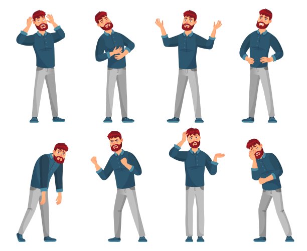 漫画人的性格。思男，笑男，开心男，悲男，休闲装矢量插画集图片下载