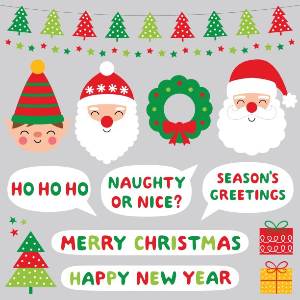 圣诞卡通人物，矢量图标和装饰集图片下载