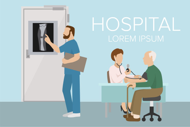 医生检查老人的动脉血压横幅。保健媒介说明。外科医生在看身体部位的x光图像。护士和男士坐在桌边。图片下载