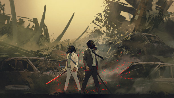 反乌托邦世界的两个防毒面具战士素材图片