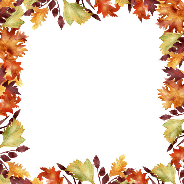 水彩手画秋天横幅框架不同的黄色，红色，橙色和栗色的叶子和树枝邀请和问候卡与文字的空间图片下载