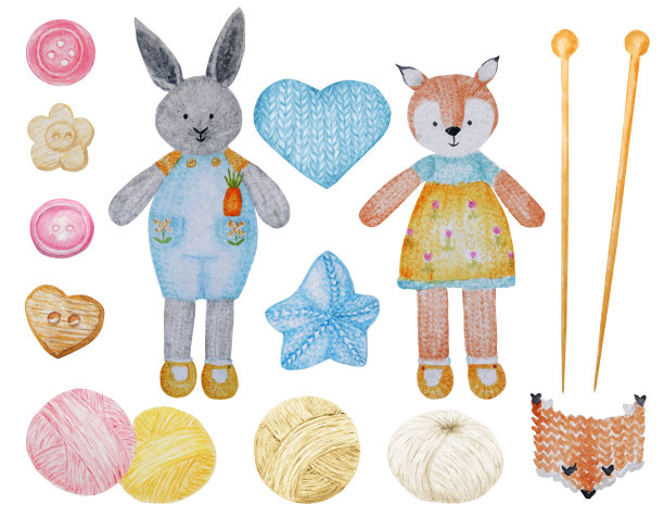 水彩针织狐狸和兔子，羊毛纱线可爱的剪纸集。收集手绘针织玩具，纱线球，纽扣。图片下载