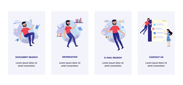 人们在信息环境中打出横幅，平面卡通人物在信息环境中飞翔。图片下载