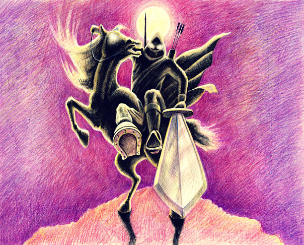 用漫画风格的水彩画和彩笔画出骑在马上的幻想风景，拿着剑的战士手绘艺术图片下载