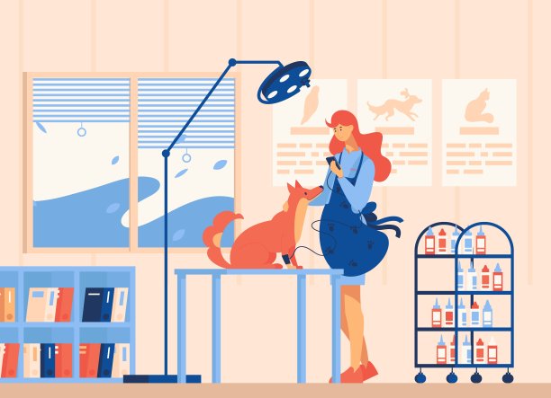 矢量现场与年轻兽医在兽医柜内与红发狗检查血压。平坦的内部绘制明亮的蓝色，橙色和柔和的米色。图片下载