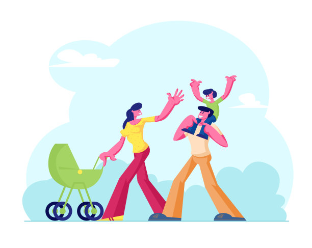 快乐的家庭漫步在大自然的背景下。年轻的母亲推着婴儿车，小儿子坐在父亲的肩膀上。男人女人小孩周末卡通平面矢量插图图片下载