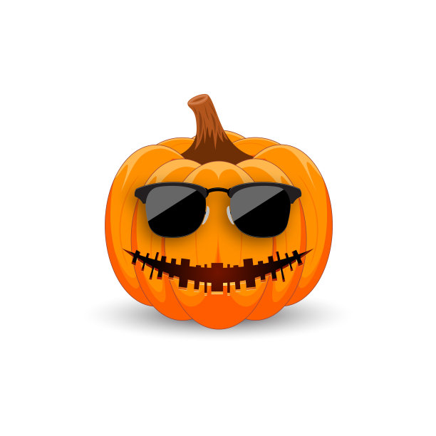 白底黑墨镜的南瓜。节日的主要象征是万圣节快乐。时髦的橙色南瓜与微笑的节日万圣节。图片下载