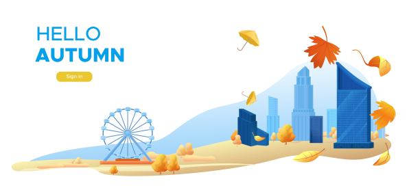 你好秋横幅，城市景观，公园摩天轮，以摩天大楼为背景的现代城市景观，卡通城市景观，矢量插图图片下载