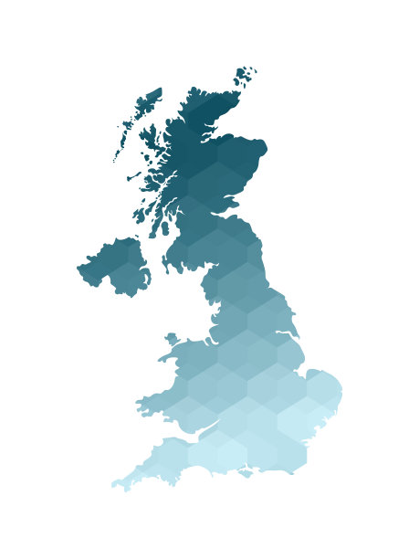 矢量孤立插图图标与简化的蓝色剪影的大不列颠及北爱尔兰联合王国(英国)地图。多边形的几何风格。白色背景图片下载