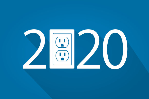 2020年，电源插座在孤立的蓝色背景图片下载