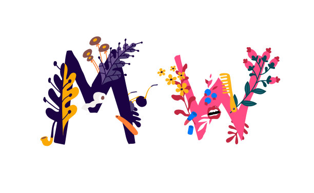 颜色和事物中的拉丁字母M和W。向量。装饰元素中的字母。公司的标志。海报或字母组合。卡通风格。厕所的迹象。图片下载