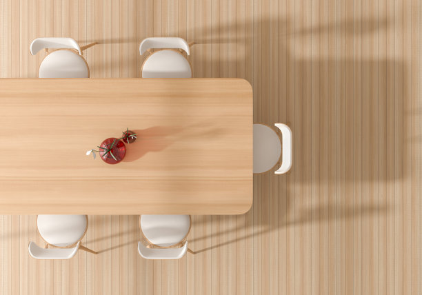 顶视图木制餐桌和木椅与花瓶在明亮的餐厅。三维演示图片下载