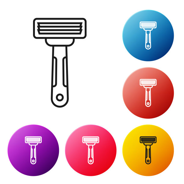 黑线剃须刀图标孤立在白色背景上。设置彩色圆形按钮图标。矢量图图片下载