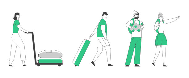 人旅游旅游集。年轻夫妇背着背包徒步旅行，男人和女人带着行李匆忙上飞机或登记。暑假爱好卡通平面矢量插画，线条艺术图片下载