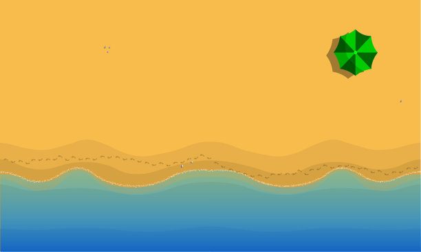 空中的黄色沙滩，浪花，脚印，雨伞。俯瞰一个废弃的黄色海滩。沙子的背景。2 d画插图图片下载