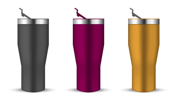 杯与开放的推入盖子，现实的矢量模型。水瓶，彩色模型集。旅行热杯隔离在白色背景，模板图片下载